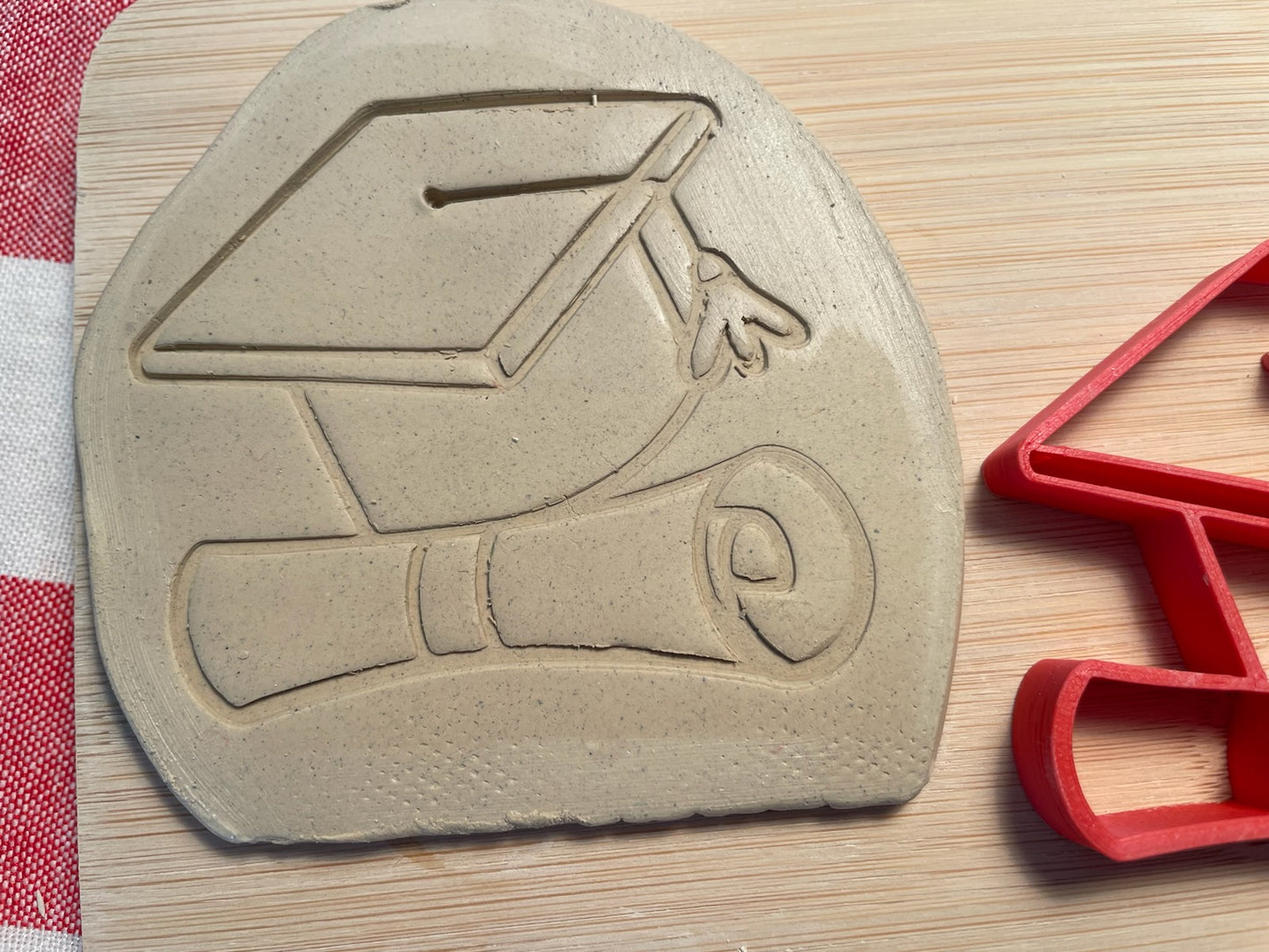 Graduation Cap with Diploma pottery stamp - from the February 2024 mystery box, multiple sizes available