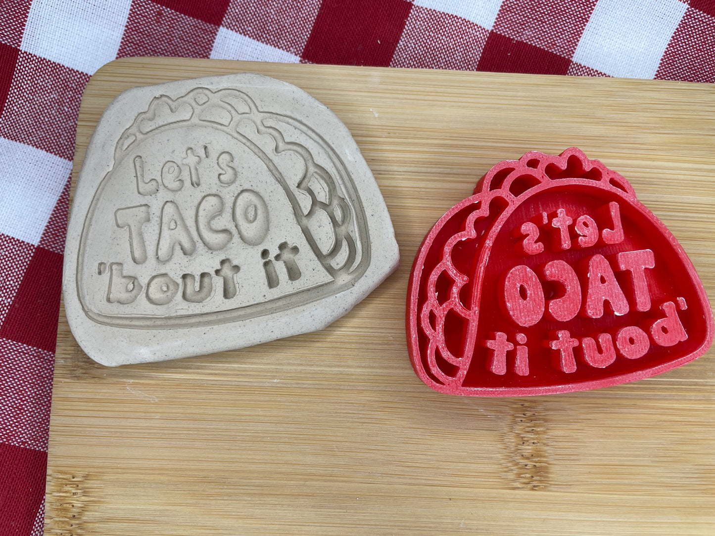 "Let's TACO 'bout it" Pottery Word Stamp - Fiesta Party themed April 2025 Mystery Box, multiple sizes available
