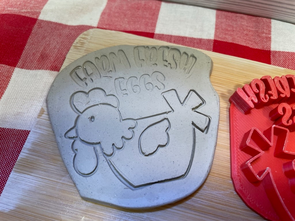 Chicken "Farm Fresh Eggs" word stamp - December 2023 mystery box, plastic 3d printed, multiple sizes available
