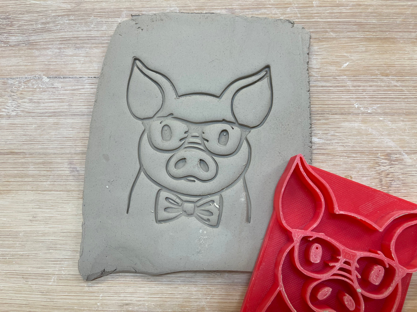 Pig Face w/ Bowtie and Glasses Pottery Stamp - Pottery Tool, plastic 3d printed, multiple sizes available