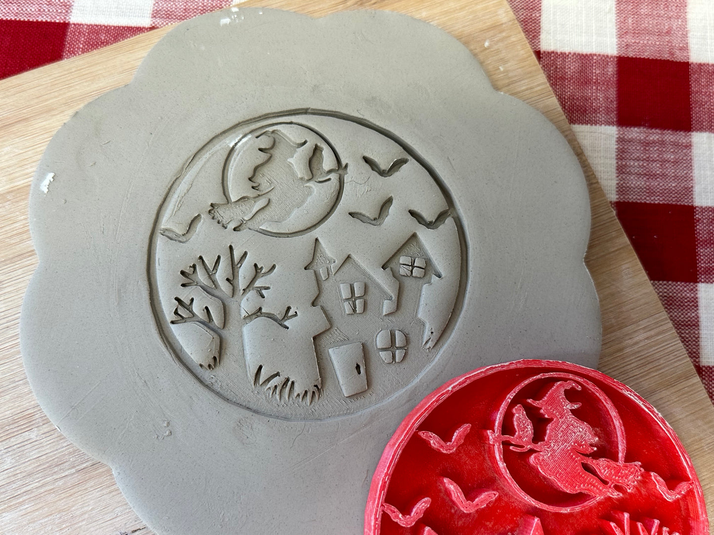 Flying Witch, Halloween Scene Pottery Stamp or Stencil - plastic 3D printed, multiple sizes available