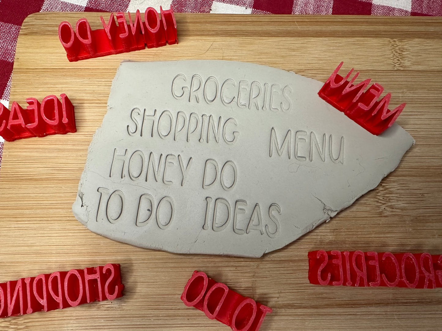 Dry Erase board, Signs and Magnet Words Pottery Stamps - To Do, Menu, Groceries, Honey Do, Notes, Shopping, Ideas, Memo, 3D Printed, each or set