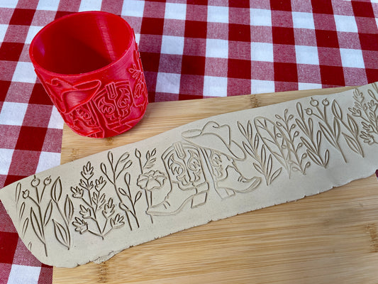 Boots and Wildflowers pattern textured pottery roller - September 2025 Country Western Themed Mystery Box - Border Design, Repeating pattern, Plastic 3d printed