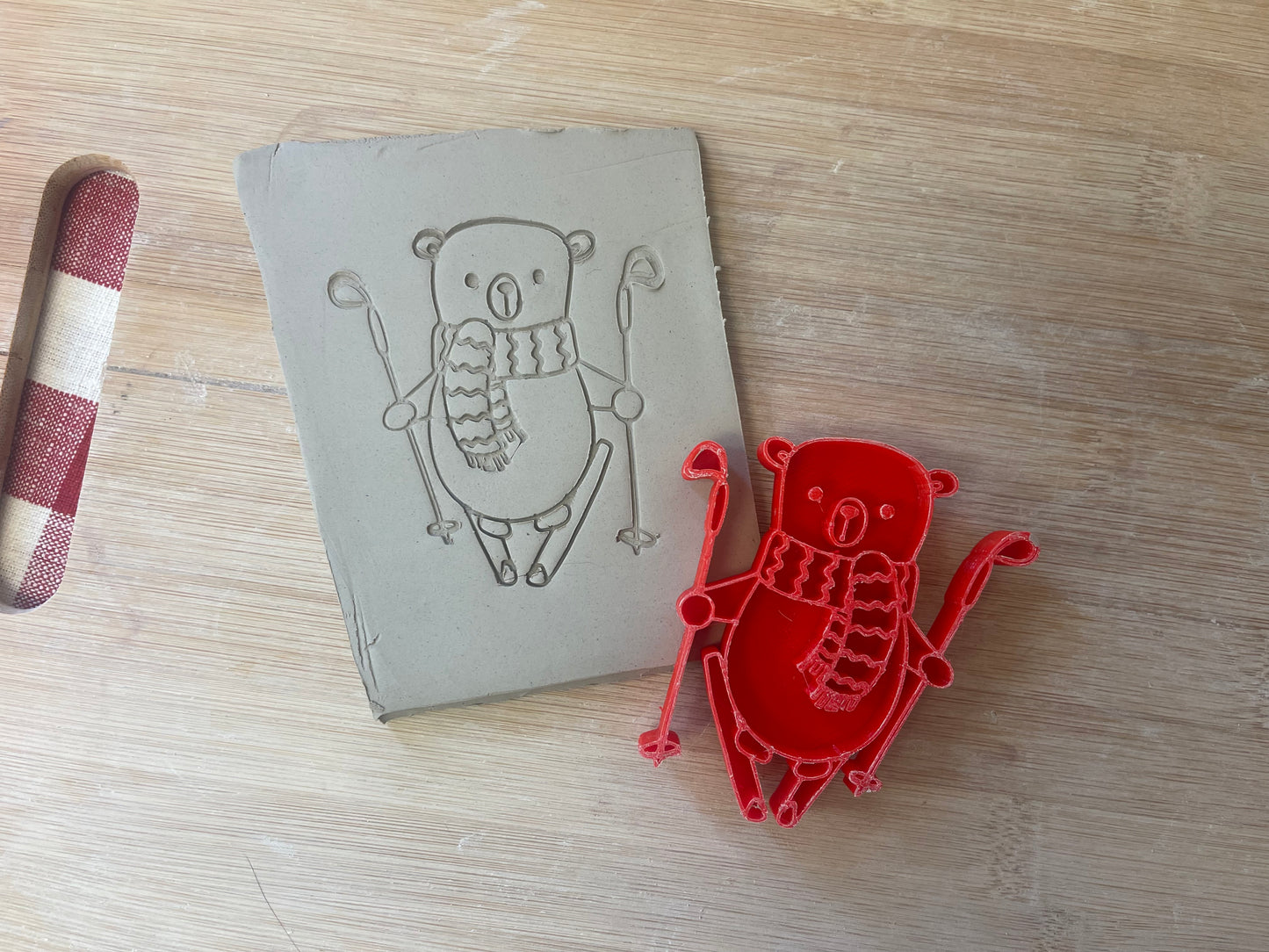 Pottery Stamp, Cute Bear with Skiis design - September 2023 mystery box, multiple sizes available