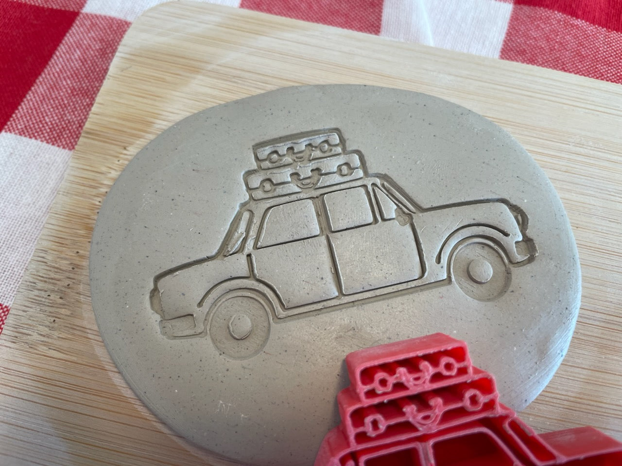 Car with Luggage pottery stamp, from the March 2024 Travel mystery box - multiple sizes available, 3D printed