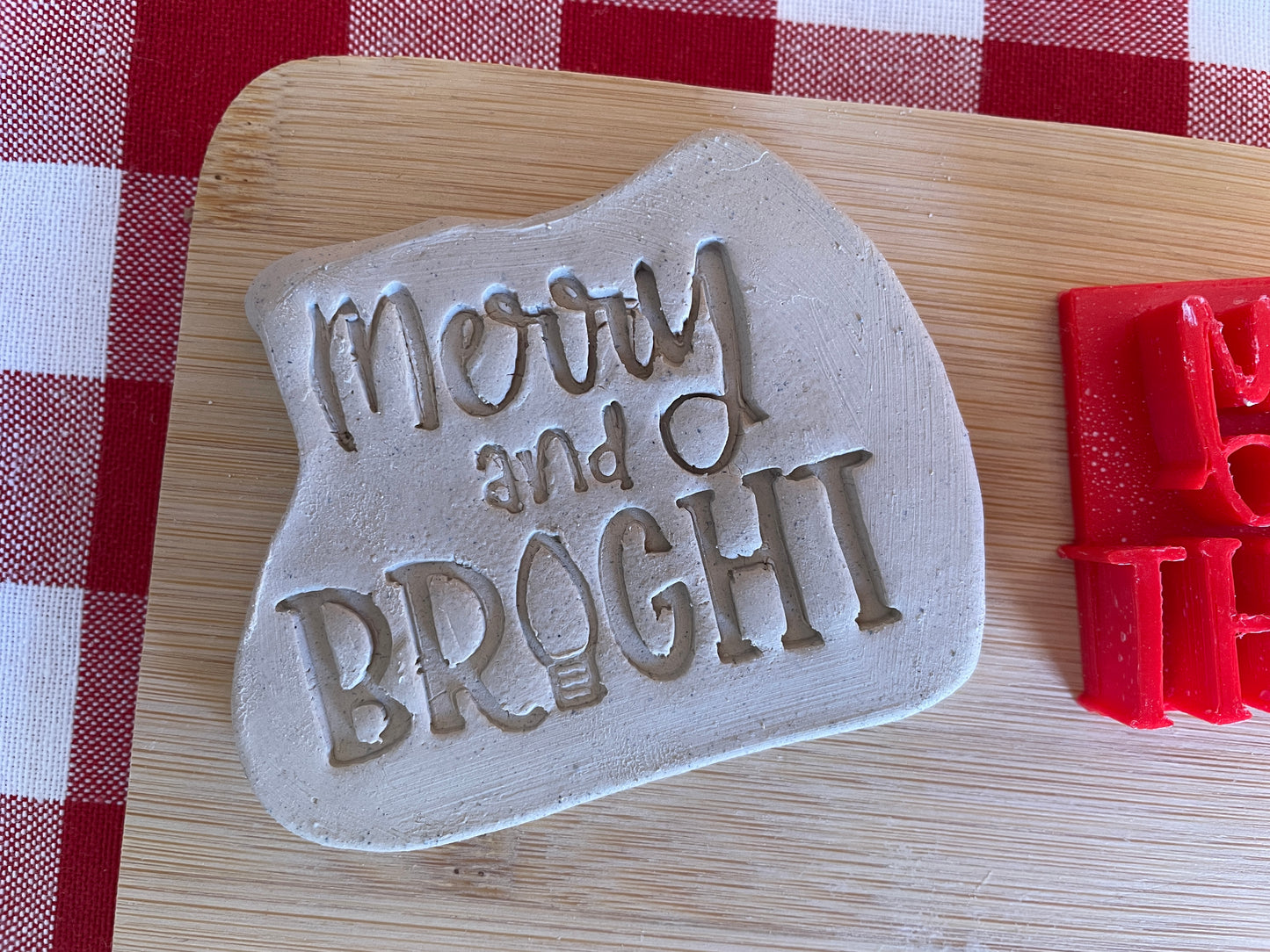 "Merry and BRIGHT" - Pottery Word Stamp - July 2025 - Christmas in July Themed Mystery Box, multiple sizes available