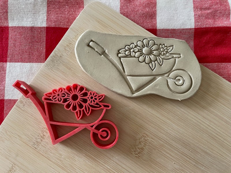 Wheelbarrow with Flowers stamp, from the January 2024 mystery box, plastic 3d printed, multiple sizes available