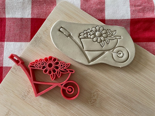 Wheelbarrow with Flowers stamp, from the January 2024 mystery box, plastic 3d printed, multiple sizes available
