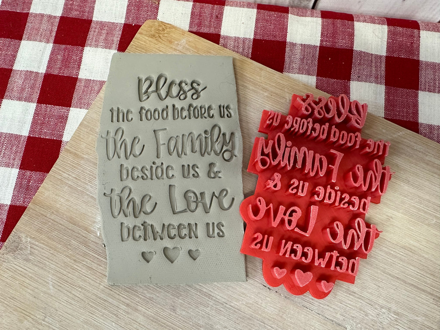 "Bless the Food before us, the Family beside us, the Love between us" word stamp - plastic 3D printed, multiple sizes