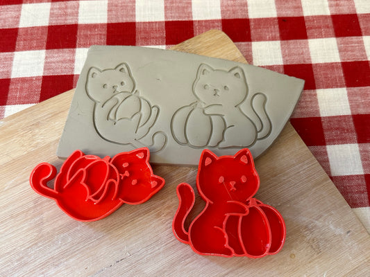 Fall Cat with Pumpkin Pottery Stamp - plastic 3D Printed, each or set
