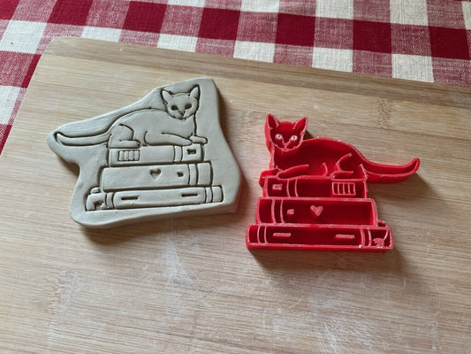 Stack of Books with Cat stamp - August 2023 mystery box, plastic 3D printed, multiple sizes available