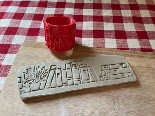 Books on a Shelf w/ Plant Texture Roller - from the August 2023 mystery box, plastic 3D printed, repeating pattern