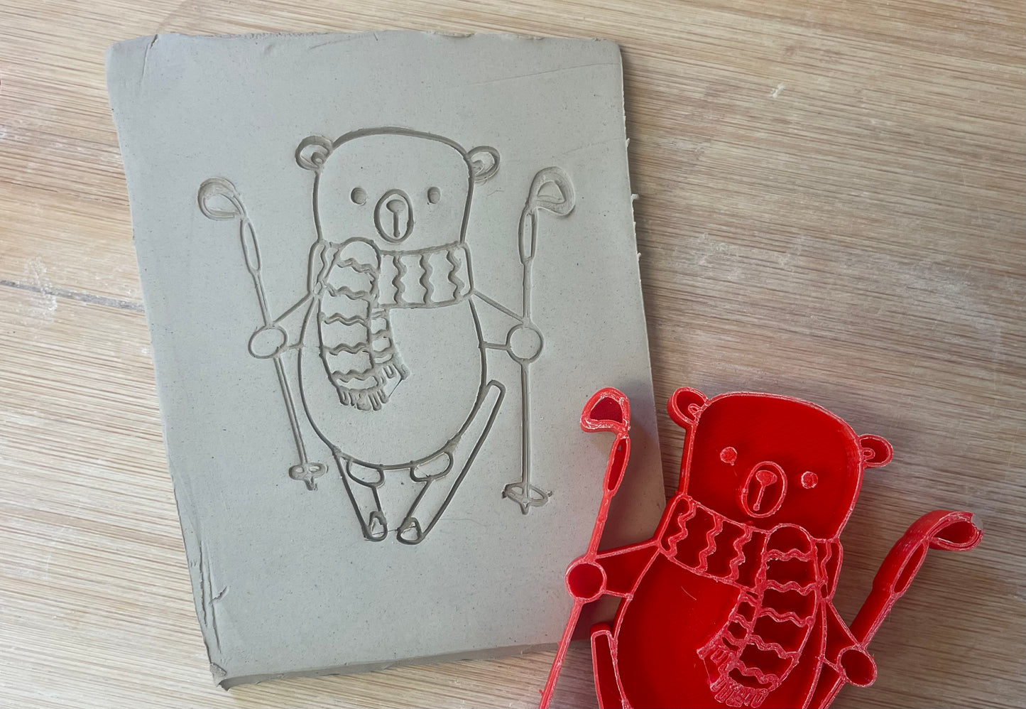 Pottery Stamp, Cute Bear with Skiis design - September 2023 mystery box, multiple sizes available