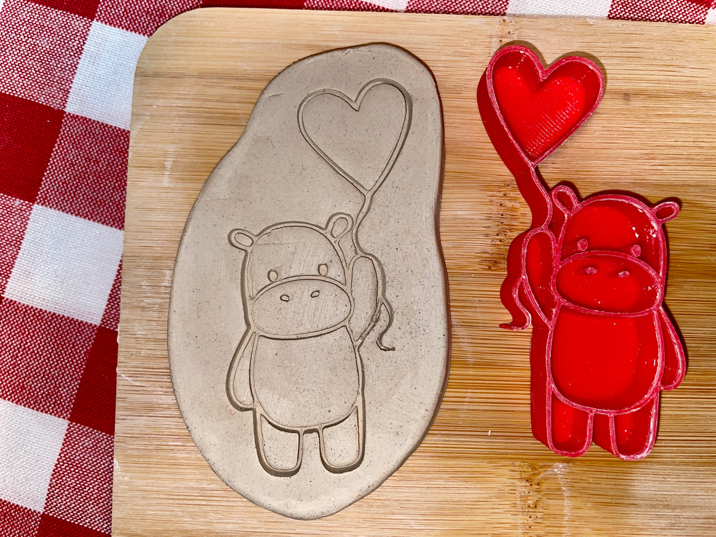 Hippo with Balloons Pottery Stamp - November 2025 - Hearts Themed Mystery Box, multiple sizes available