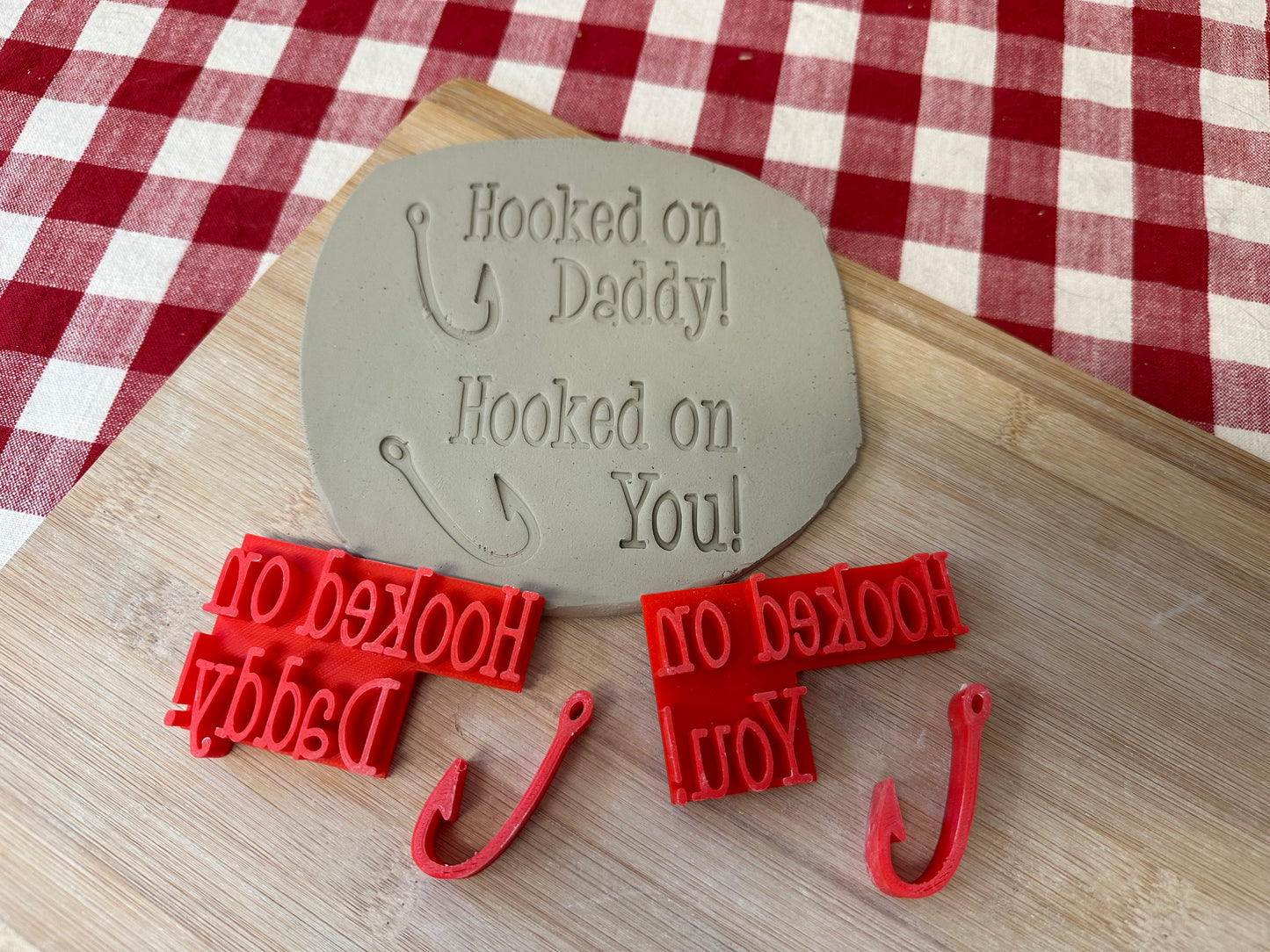 "Hooked on You!" or "Hooked on Daddy!" word stamp w/fish hook -pottery, plastic 3D printed, multiple sizes available