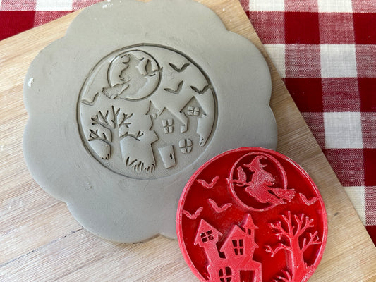 Flying Witch, Halloween Scene Pottery Stamp or Stencil - plastic 3D printed, multiple sizes available