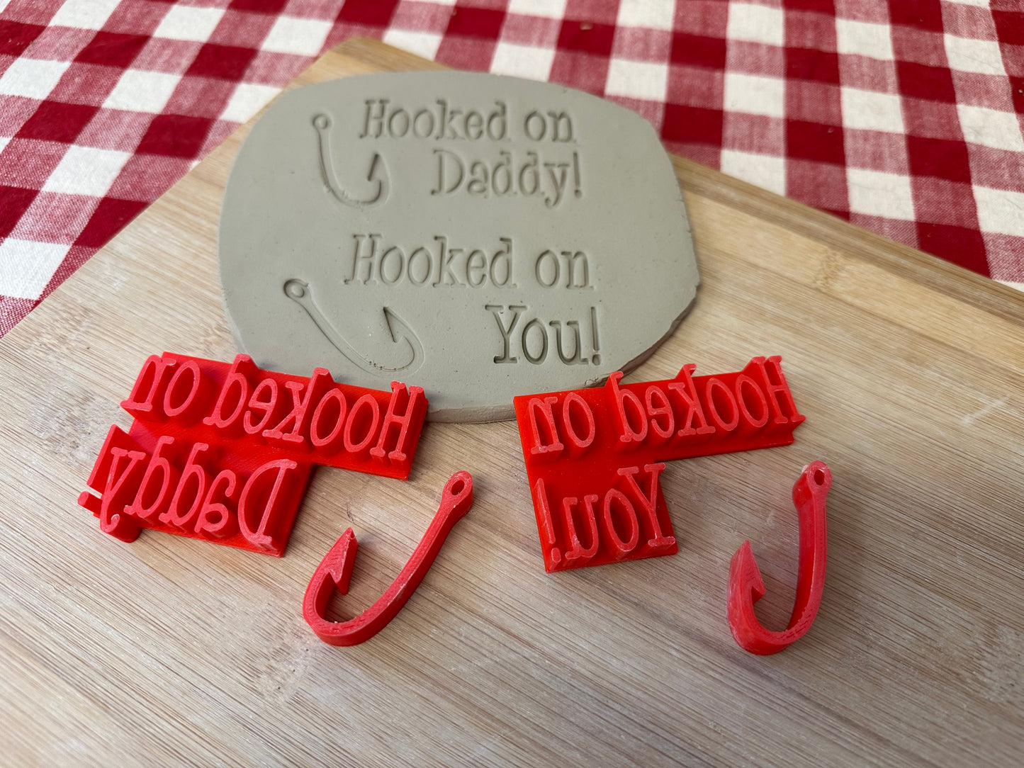 "Hooked on You!" or "Hooked on Daddy!" word stamp w/fish hook -pottery, plastic 3D printed, multiple sizes available