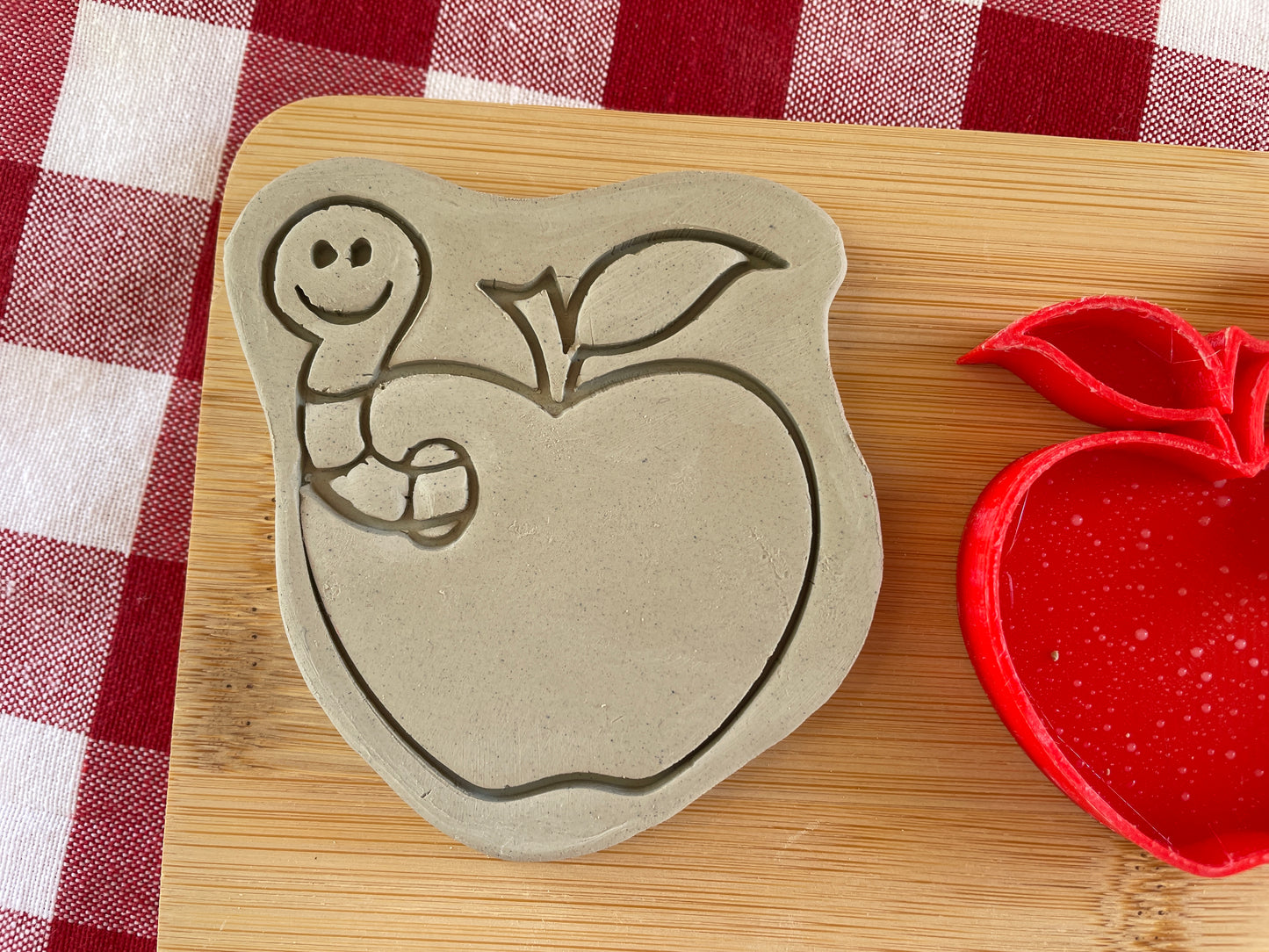 Apple with Worm Pottery Stamp - August 2025 - Back to School Themed Mystery Box, multiple sizes available