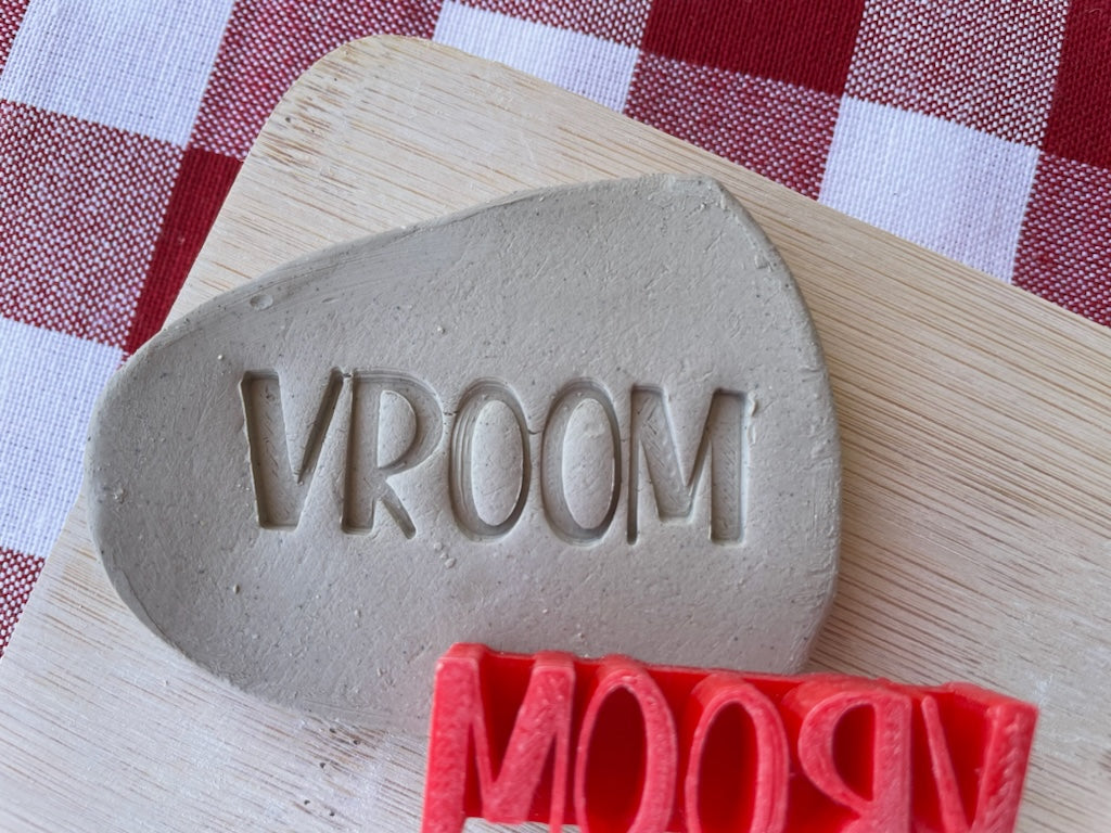 "Vroom" word stamp, from the April 2024 Boys themed mystery box - multiple sizes available, 3D printed