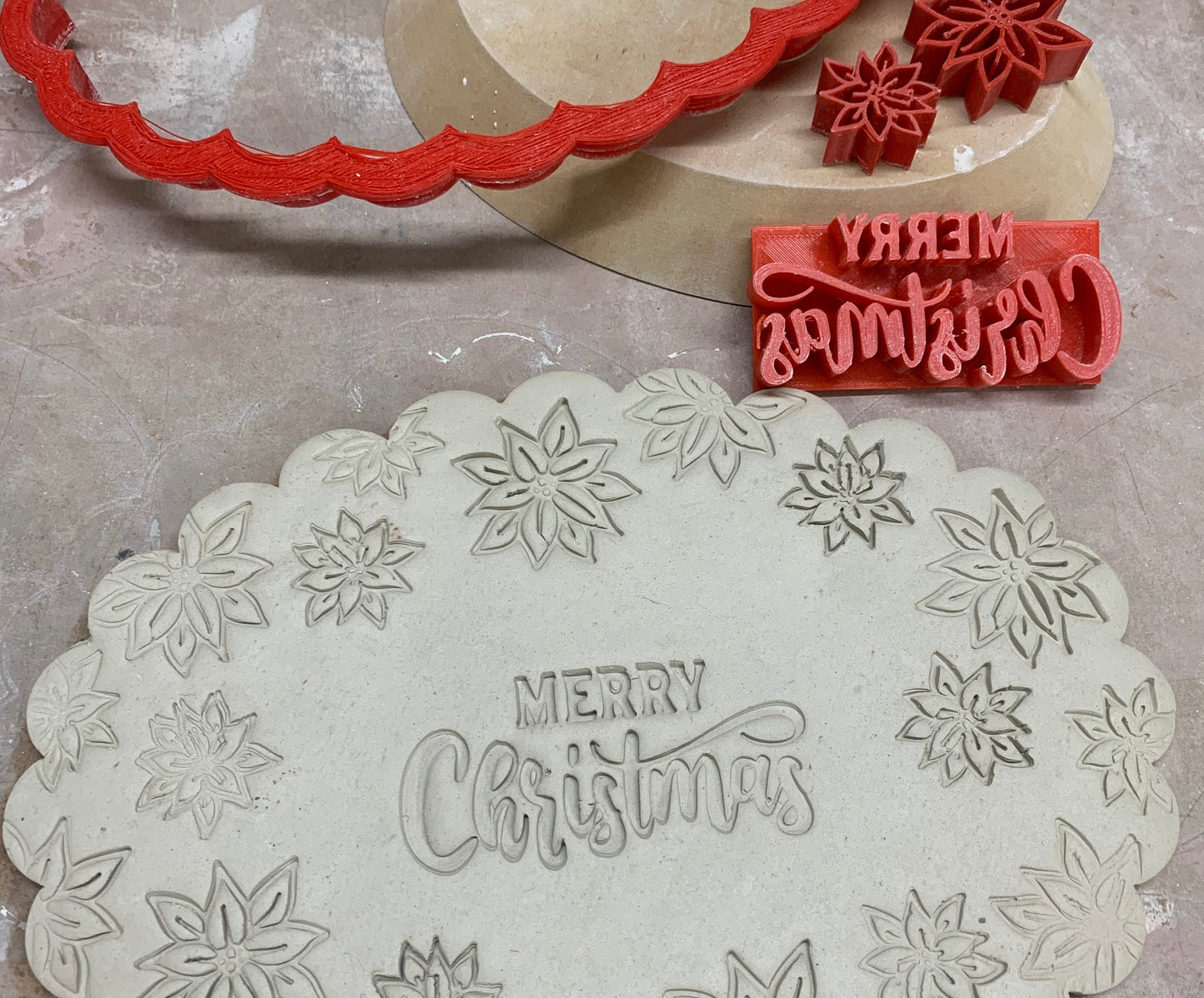 Poinsettia Design, Pottery Stamp or Stencil w/ optional cutter - plastic 3d printed, multiple sizes available