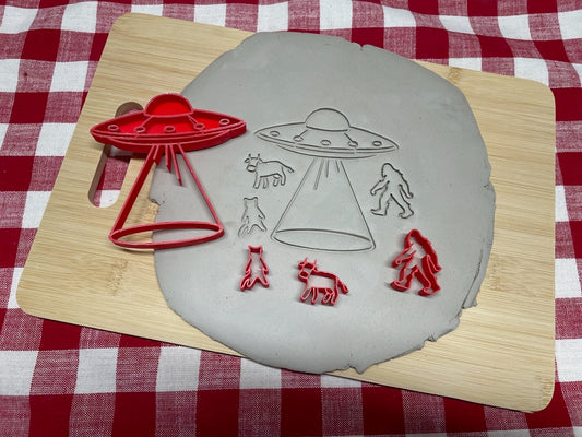 UFO beam me up set - October 2023  Mystery Box, sold as set or individual, cat, cow, big foot