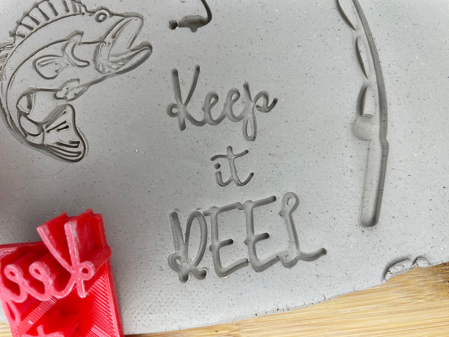 Fishing Pole, Bass Fish and "Keep it Reel" word stamp - April 2023 Guy Themed mystery box, multiple sizes available, each or set