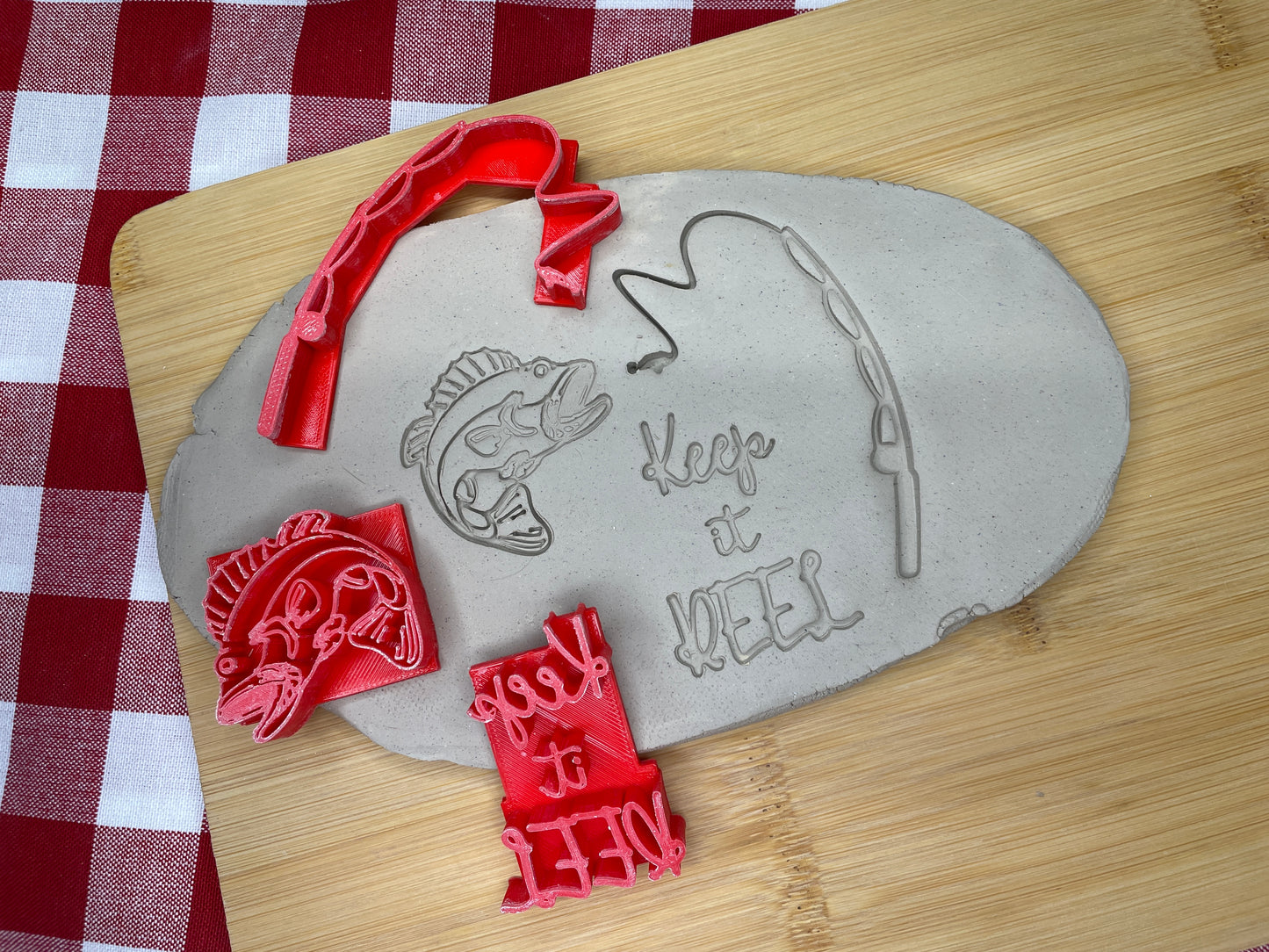 Fishing Pole, Bass Fish and "Keep it Reel" word stamp - April 2023 Guy Themed mystery box, multiple sizes available, each or set