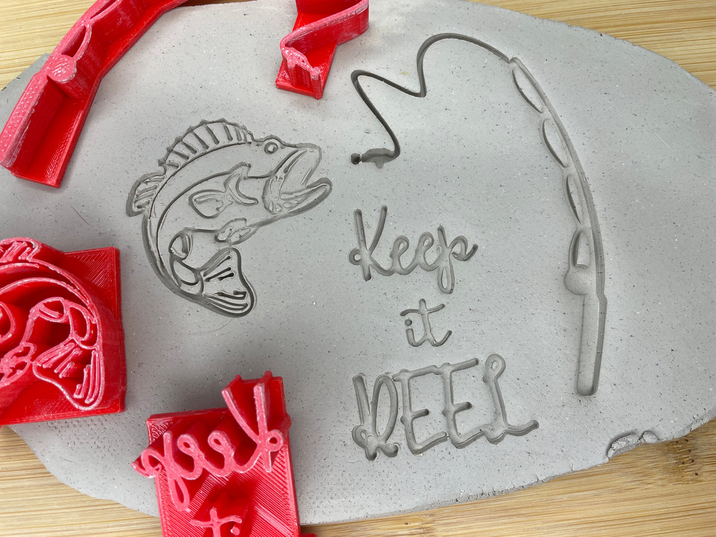 Fishing Pole, Bass Fish and "Keep it Reel" word stamp - April 2023 Guy Themed mystery box, multiple sizes available, each or set