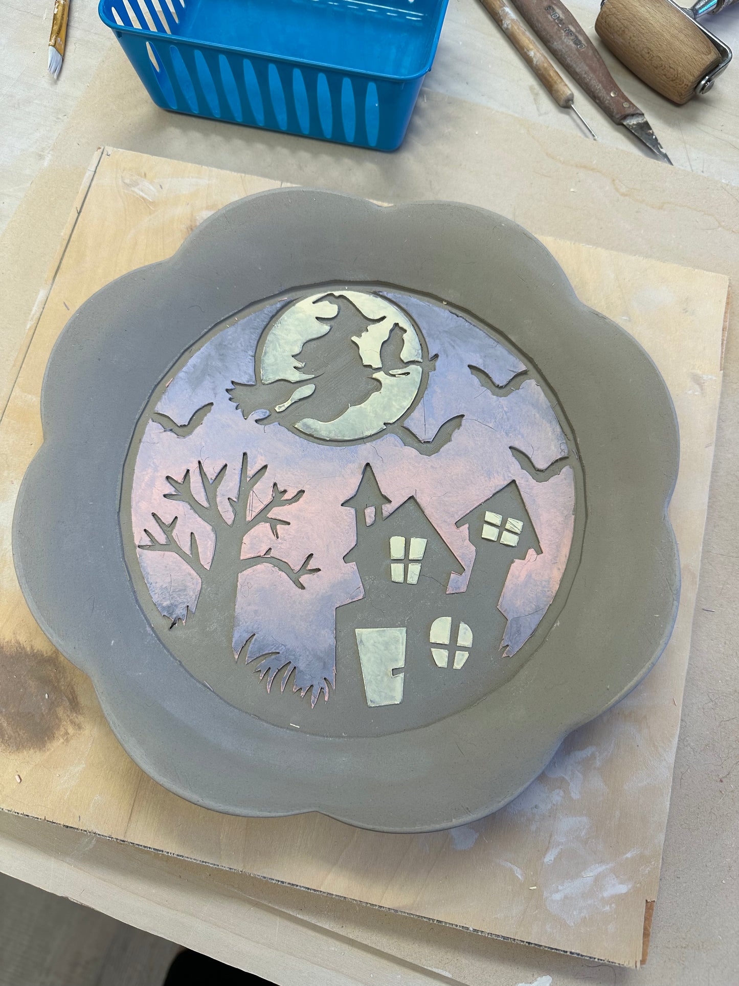 Flying Witch, Halloween Scene Pottery Stamp or Stencil - plastic 3D printed, multiple sizes available