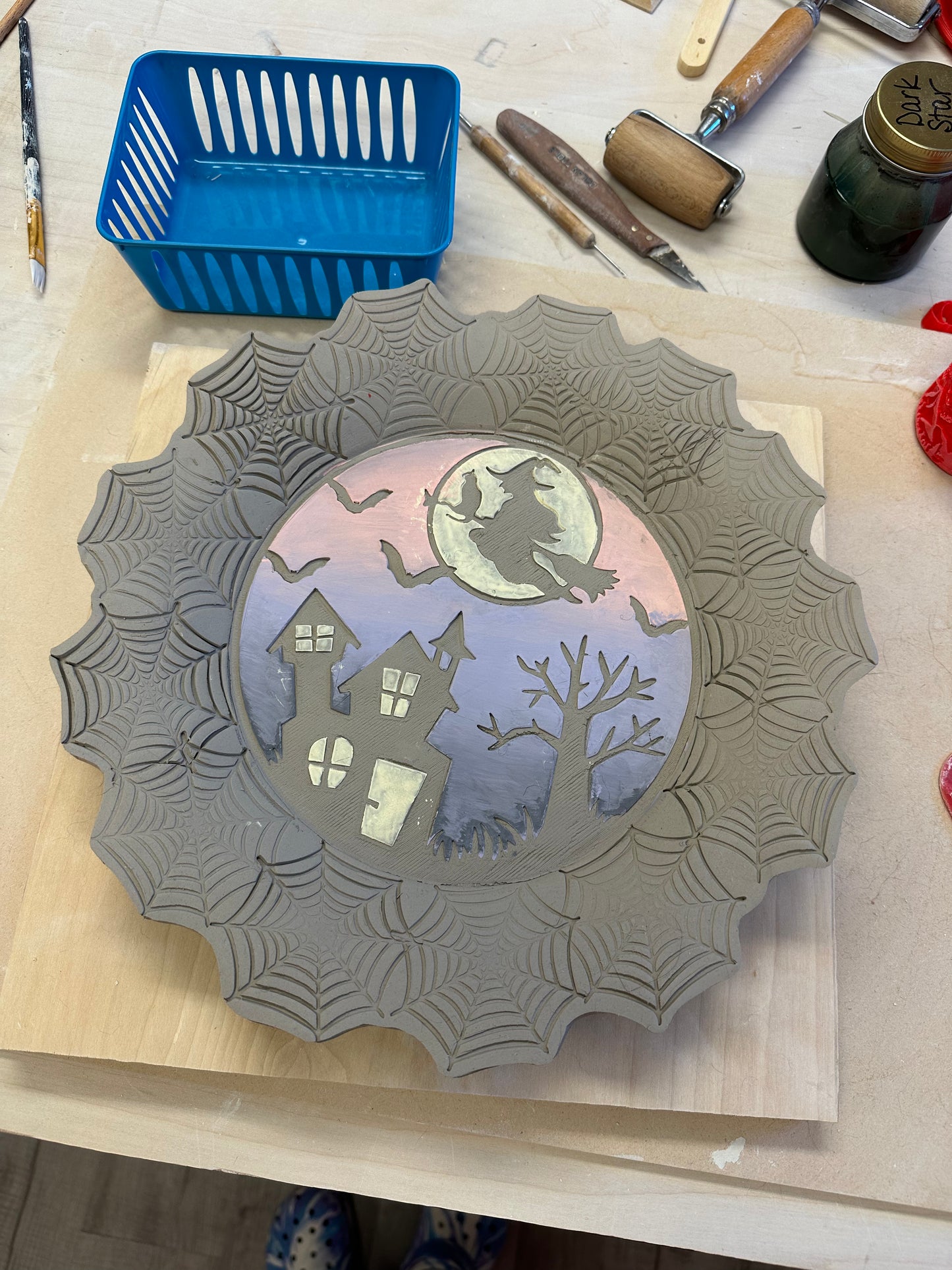 Flying Witch, Halloween Scene Pottery Stamp or Stencil - plastic 3D printed, multiple sizes available