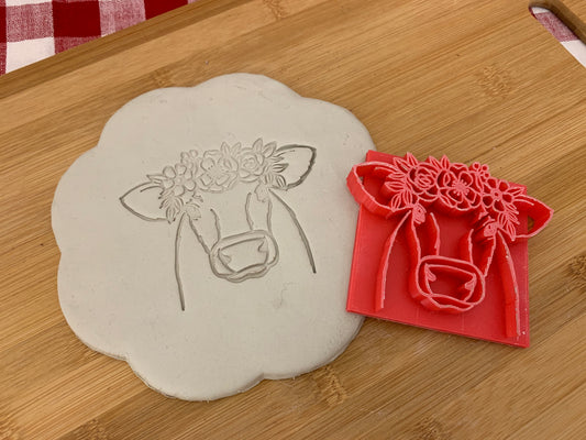 Pottery Stamp, cow face with floral wreath design - multiple sizes