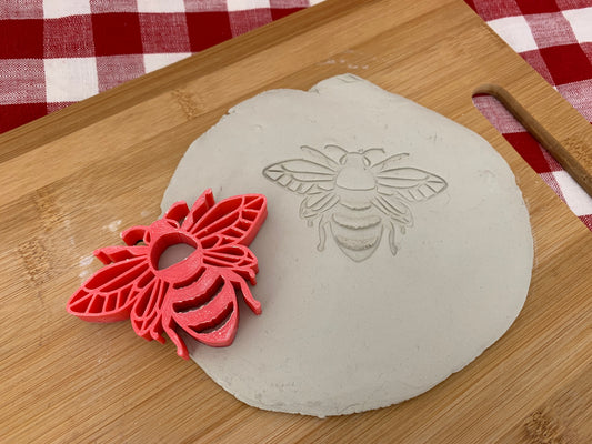 Bee 1 design - plastic 3D pottery stamp or stencil w/ optional cutter, multiple sizes