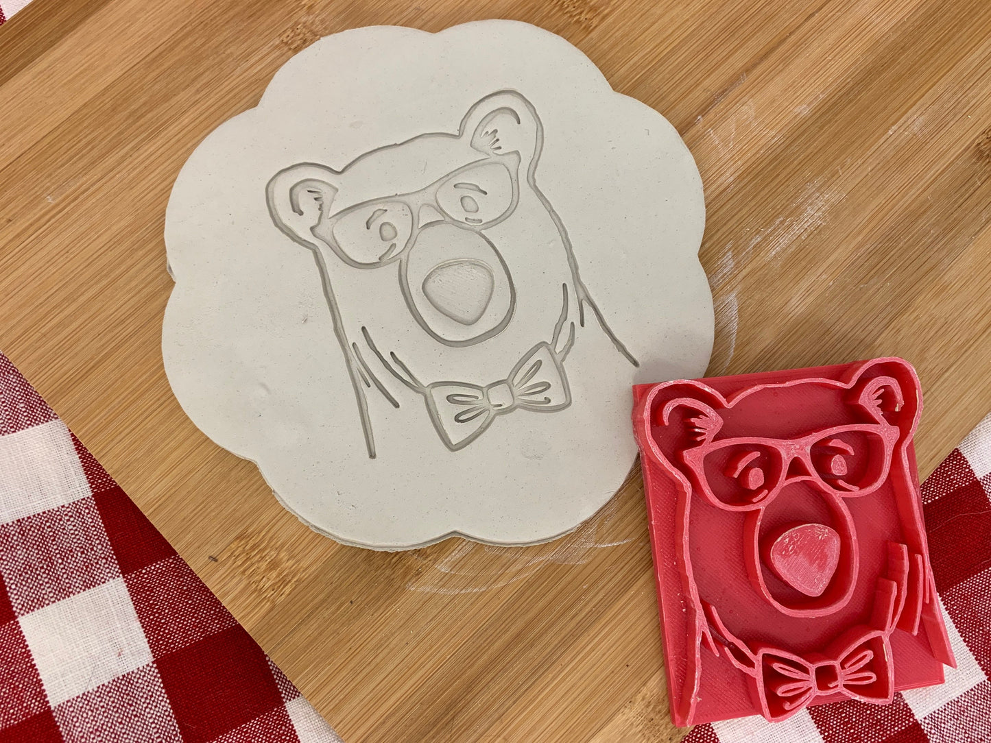 Bear Face w/ glasses or floral wreath pottery stamp - plastic 3d printed, multiple sizes
