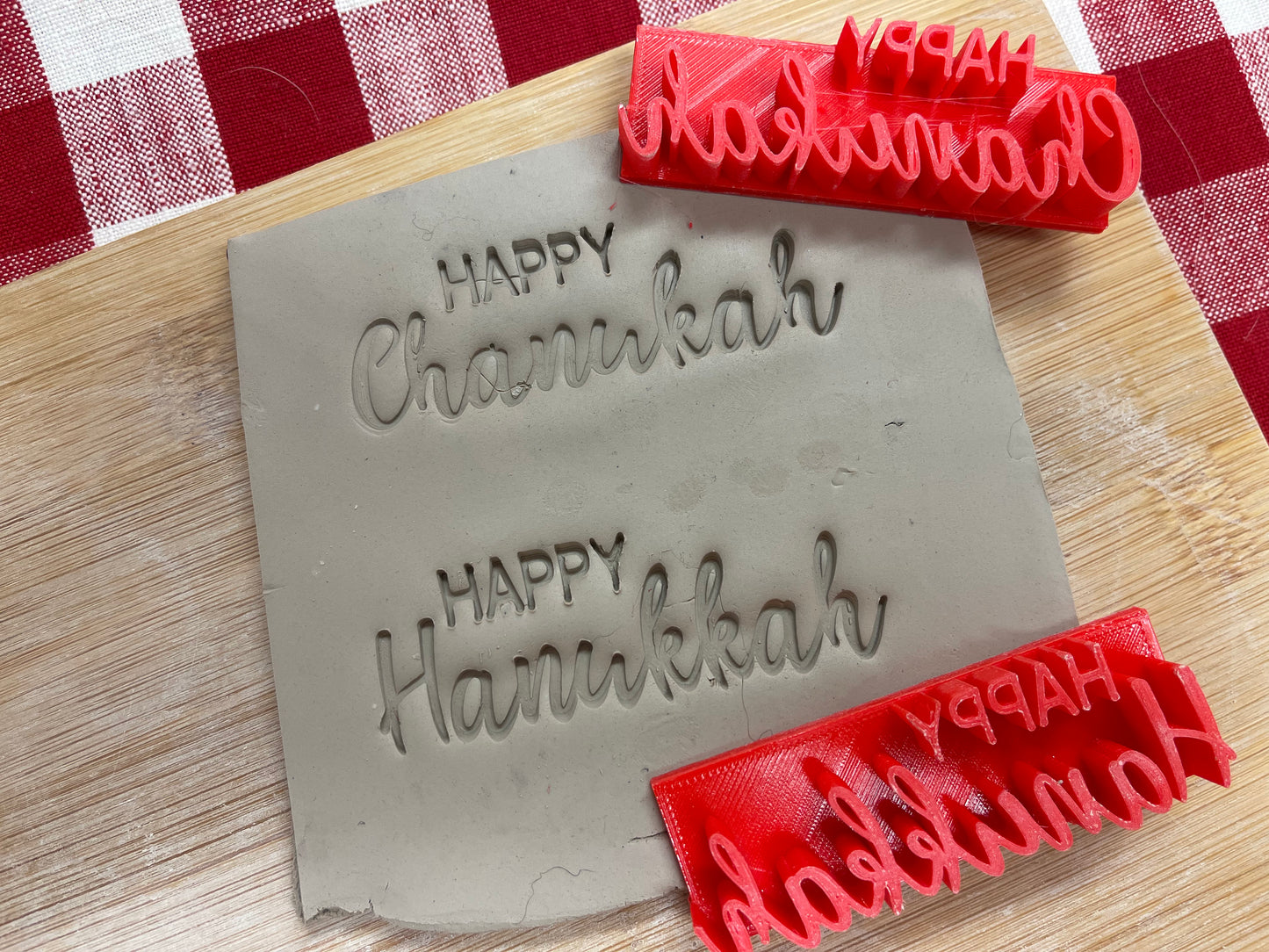 "Happy Hanukkah" or "Happy Chanukah" saying pottery stamp - plastic 3d printed, multiple sizes available