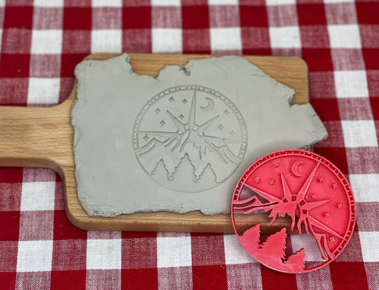 Pottery Stamp, Compass, Mountain, Trees scene design - multiple sizes