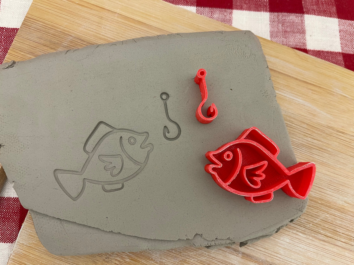 Pottery Stamp, Fish w/ hook, Fishing design, Camping doodle series - multiple sizes
