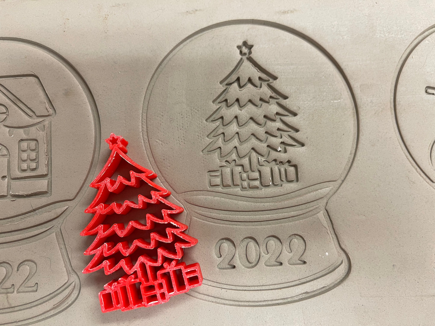 Pottery Stamp, Christmas Snow Globe designs, with multiple designs and optional cookie cutter ornament, as a set or individual - multiple sizes