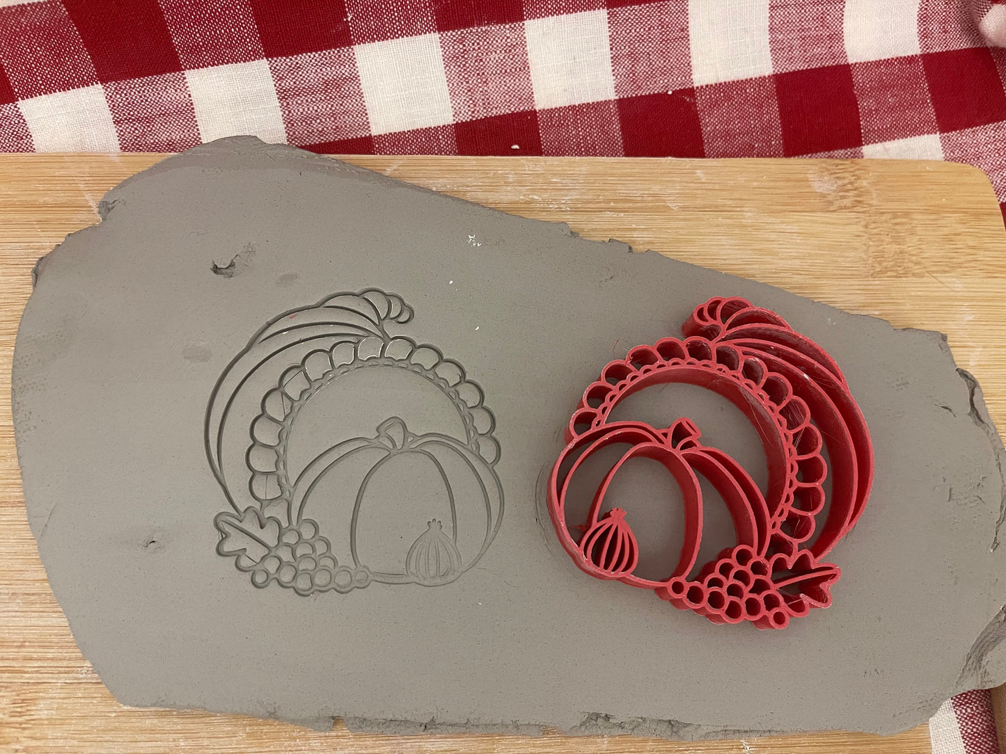 Cornucopia Design, Pottery Stamp or Stencil w/ optional cutter - plastic 3d printed, multiple sizes