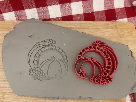 Cornucopia Design, Pottery Stamp or Stencil w/ optional cutter - plastic 3d printed, multiple sizes