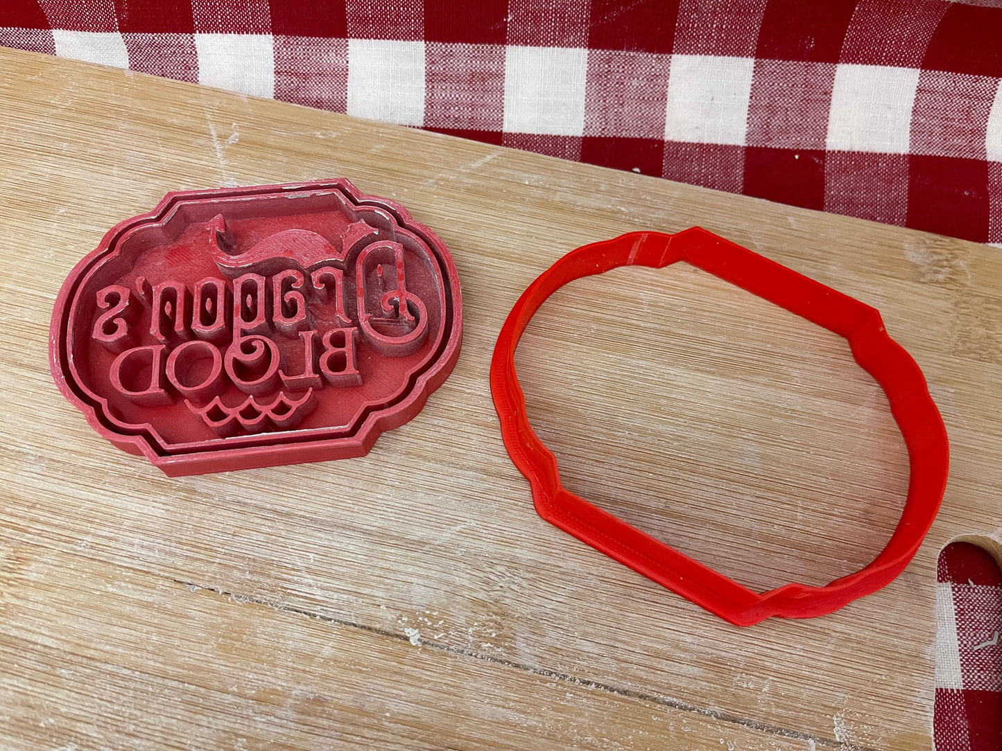 "Dragon’s Blood" word stamp w/ optional ornament cutter - plastic 3d printed, multiple sizes