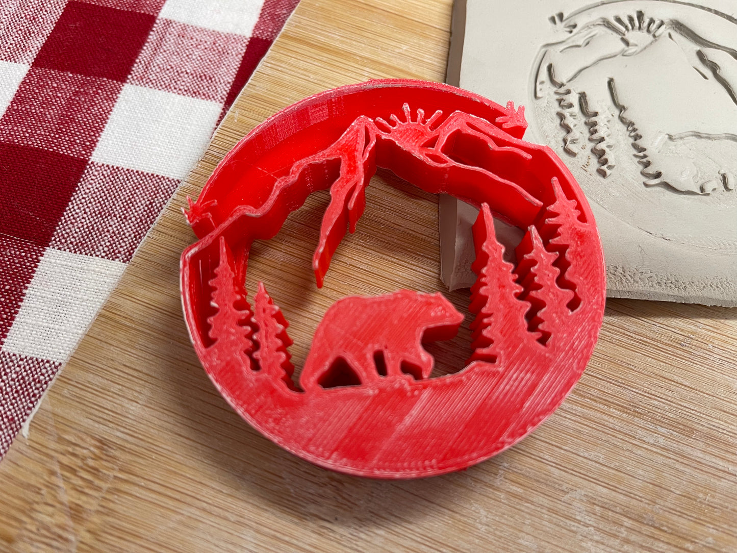 Bear in the mountains scene pottery stamp - plastic 3d printed, multiple sizes available