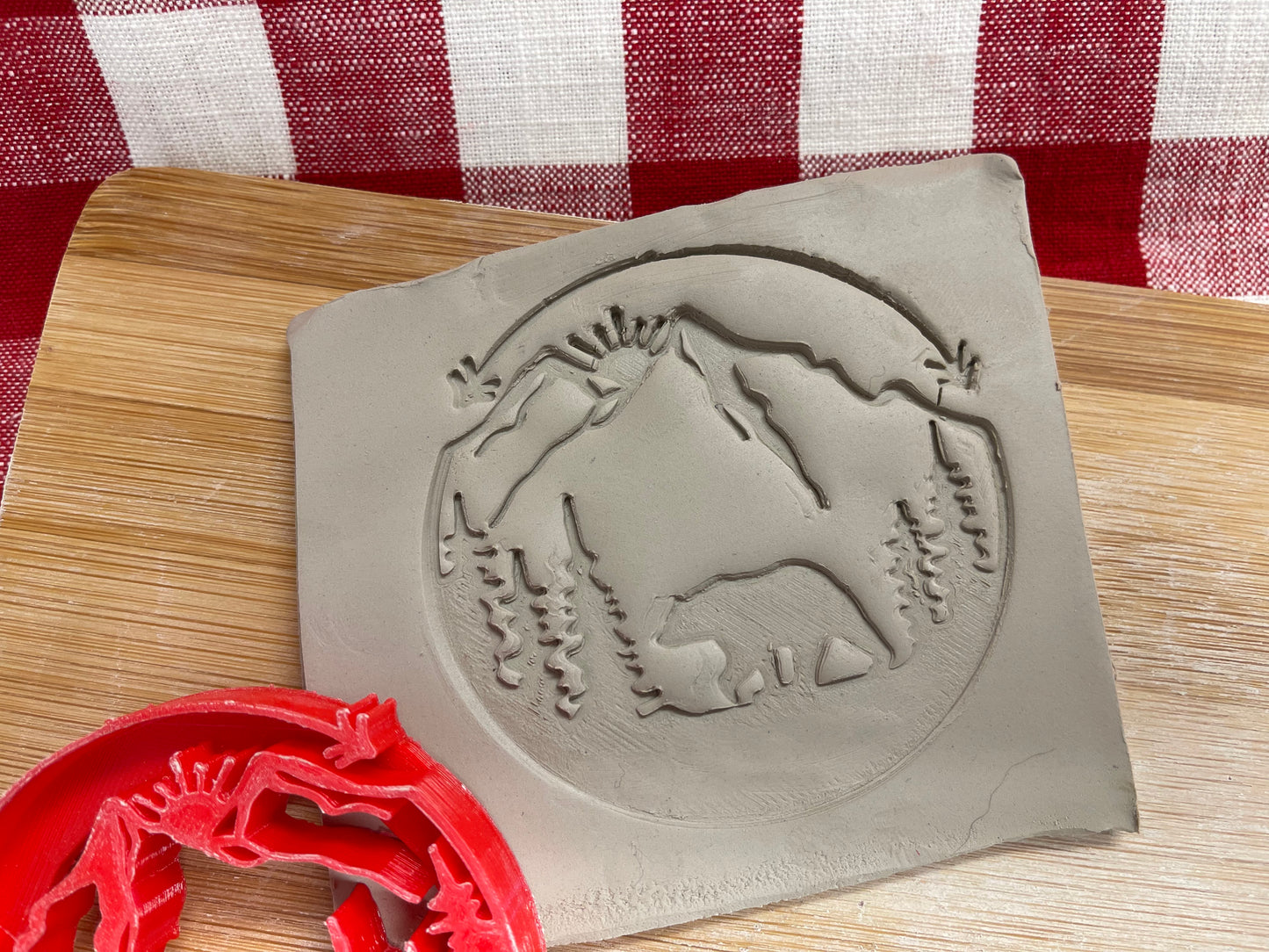 Bear in the mountains scene pottery stamp - plastic 3d printed, multiple sizes available