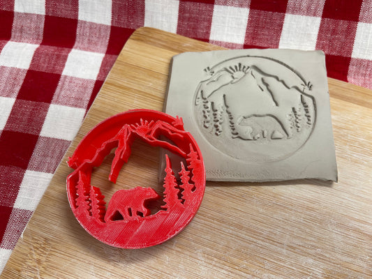 Bear in the mountains scene pottery stamp - plastic 3d printed, multiple sizes available