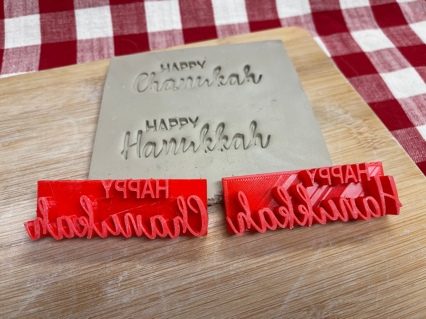 "Happy Hanukkah" or "Happy Chanukah" saying pottery stamp - plastic 3d printed, multiple sizes available
