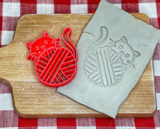 Cat w/ Yarn ball Reversible Pottery Stamp - Pet doodle series, plastic 3D printed, multiple sizes