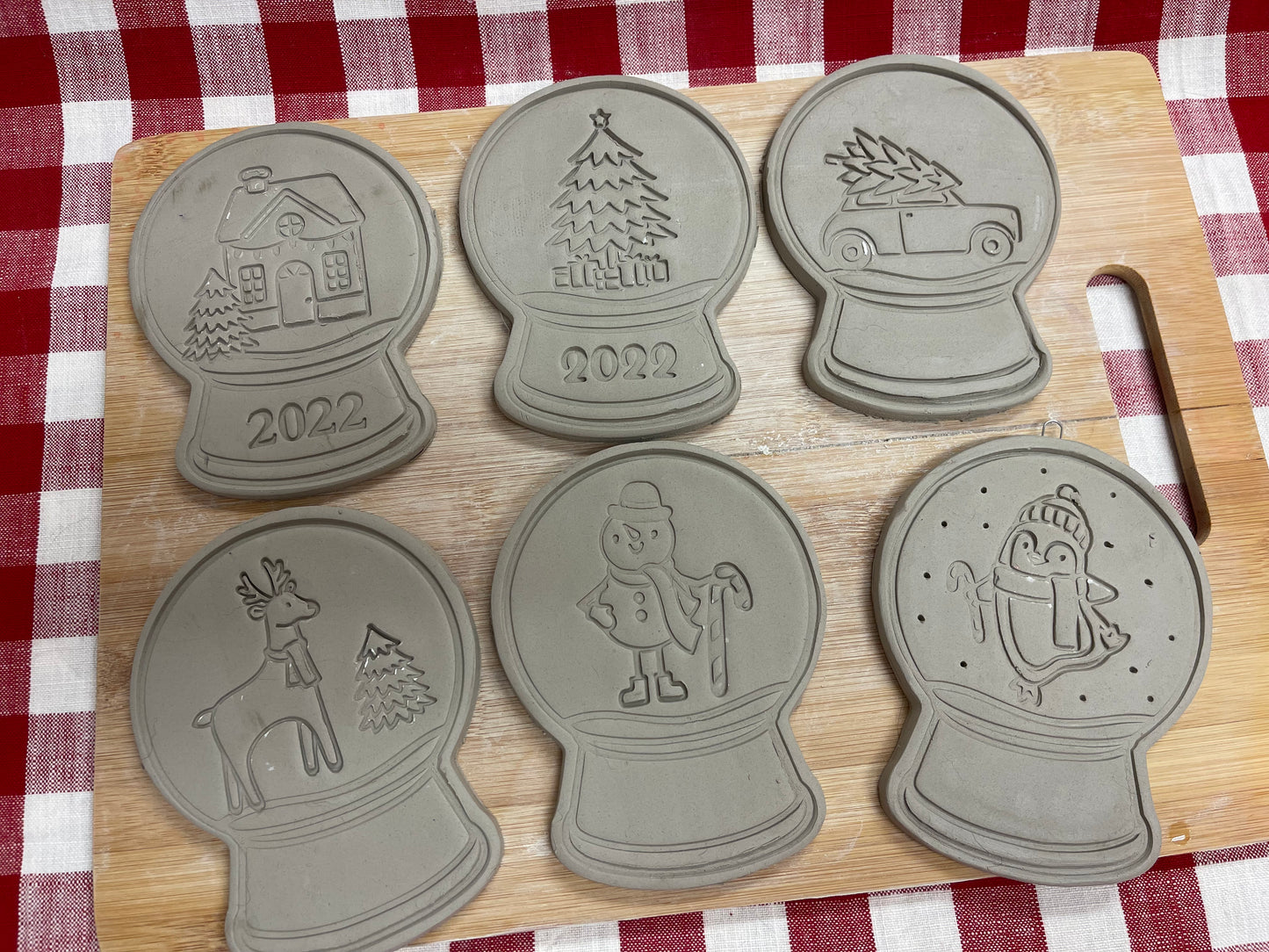 Pottery Stamp, Christmas Snow Globe designs, with multiple designs and optional cookie cutter ornament, as a set or individual - multiple sizes