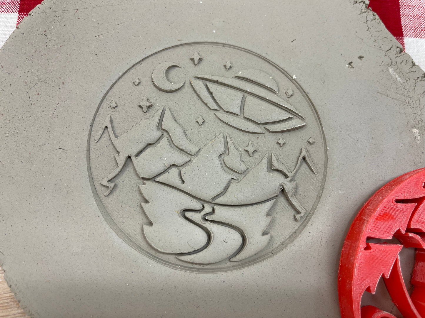 UFO Mountain scene stamp - plastic 3D printed, multiple sizes