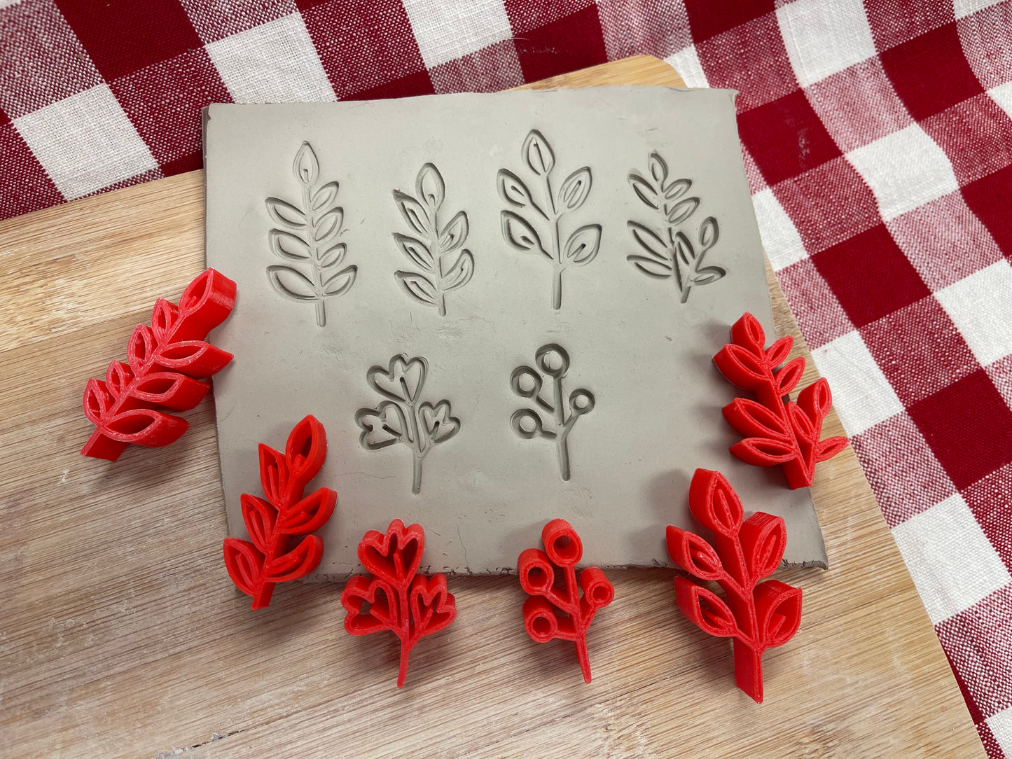 Autumn Elements Stamp Series - Mini Greenery/Branches design set of 6, plastic 3D printed, Pottery Tool