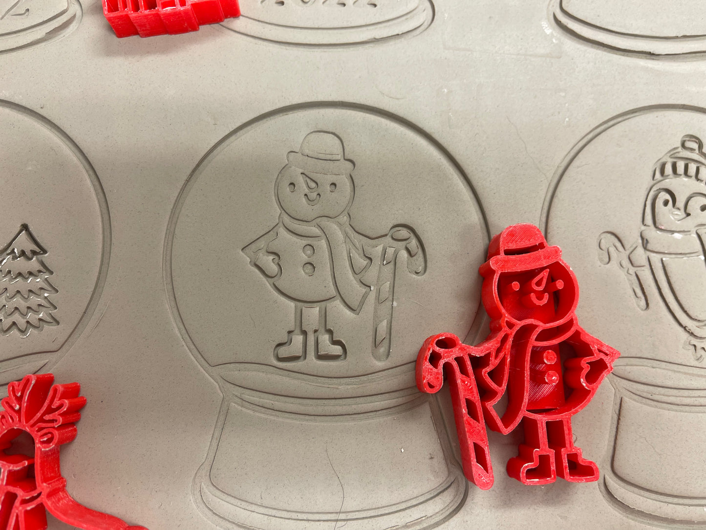 Pottery Stamp, Christmas Snow Globe designs, with multiple designs and optional cookie cutter ornament, as a set or individual - multiple sizes