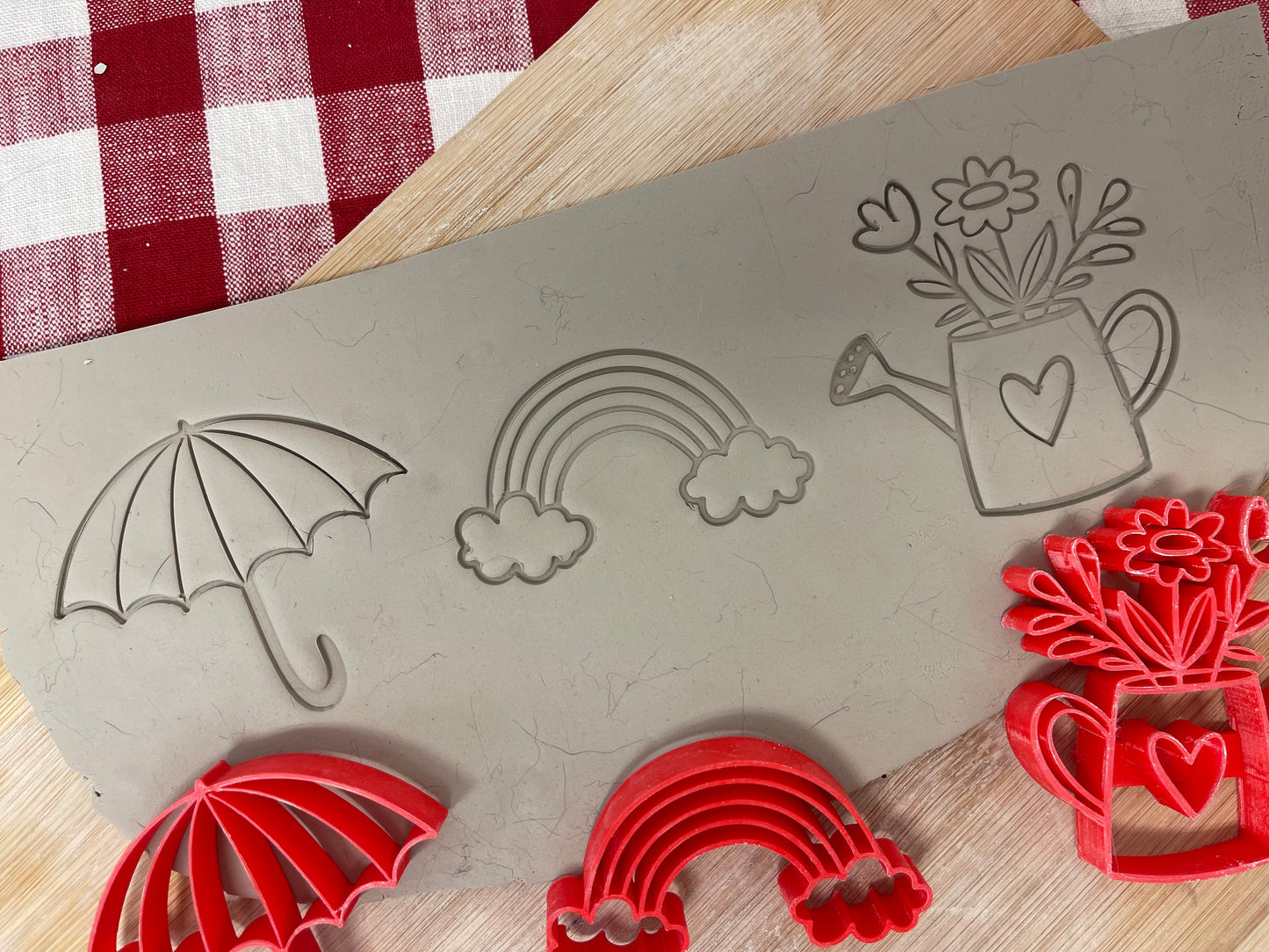 Spring Elements stamp Series - Umbrella, Rainbow, Watering Can flowers designs, each or set, plastic 3D printed